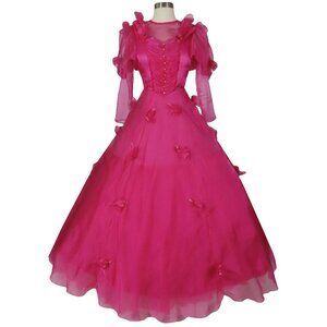 Vintage 80s Pink Fuchsia Full Skirt Organza Ballgown Prom Gown Party Dress XS S